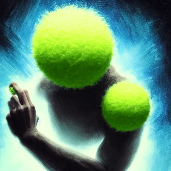 Image similar to cinematic portrait of a tennis ball monster in the abyss of space, chalk, masterpiece, trending on artstation, featured on pixiv, cinematic composition, dramatic pose, beautiful lighting, sharp details, hyper-detailed, HD, HDR, 4K, 8K, art by Basil Gogos