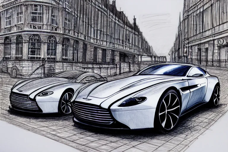 Prompt: copic marker pen drawing of an aston martin concept car, in a london business district street, medium range, sharp, very detailed, high resolution, trending on artstation