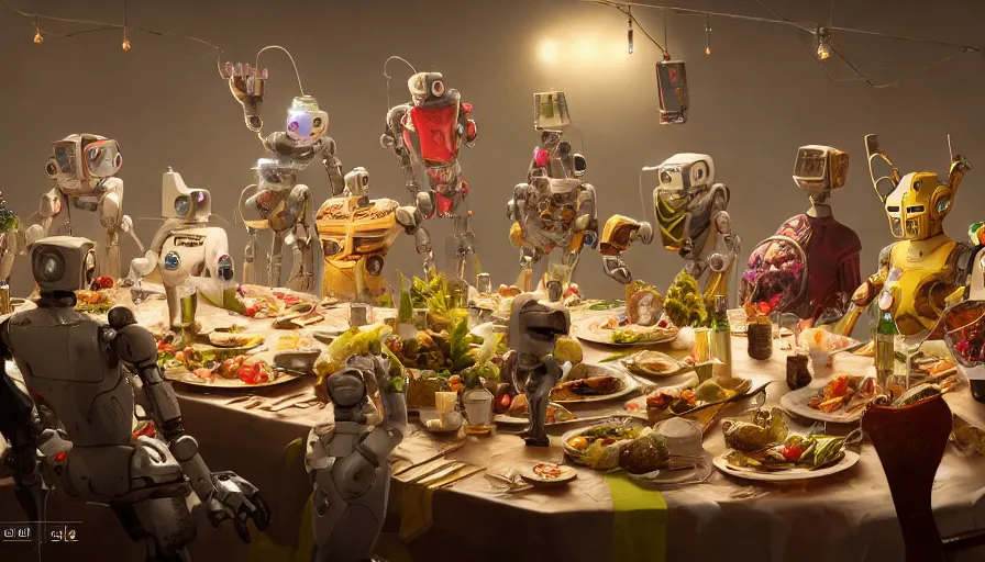 Image similar to a table dinner of robots where robots are dressed like the characters from the midsommar movie, cinematic, hyperdetailed, octane render, trending on art station, ultrarealistic