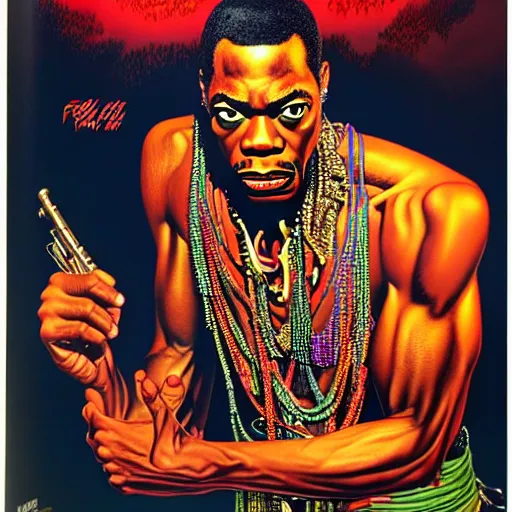 Prompt: fela kuti by clyde caldwell, very detailed, low contrast, dark background, 4 k