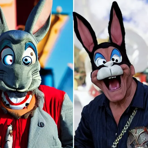 Image similar to Danny Trejo as Bugs Bunny from Looney Tunes, live action movie, set photo in costume, cosplay, photograph