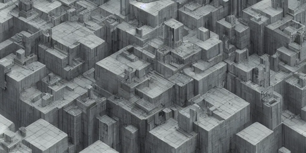 Prompt: cube city, realistic, highly detailed, concrete architecture,