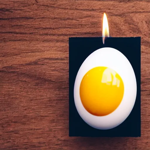 Prompt: a polaroid photograph of an egg, sitting on top a table with a burning candle. minimalistic, natural light, wood grain table top. swirling wood grain.