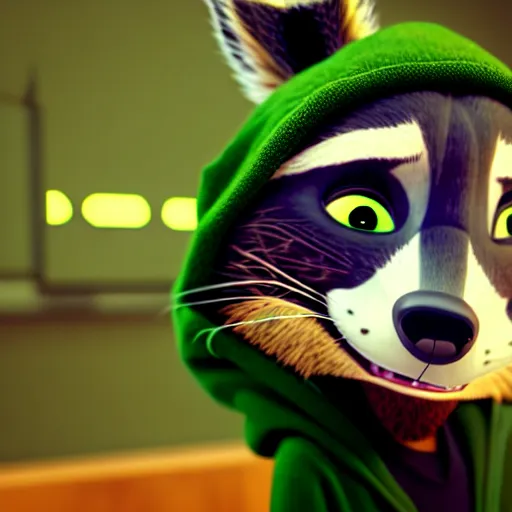 Image similar to a relaxed stoner with a black hoodie on with a marijuana themed dark green raccoon head from zootopia, wearing beanie, smoking, 3 d, blender 3 d, render, extremely detailed, 8 k, detailed fur