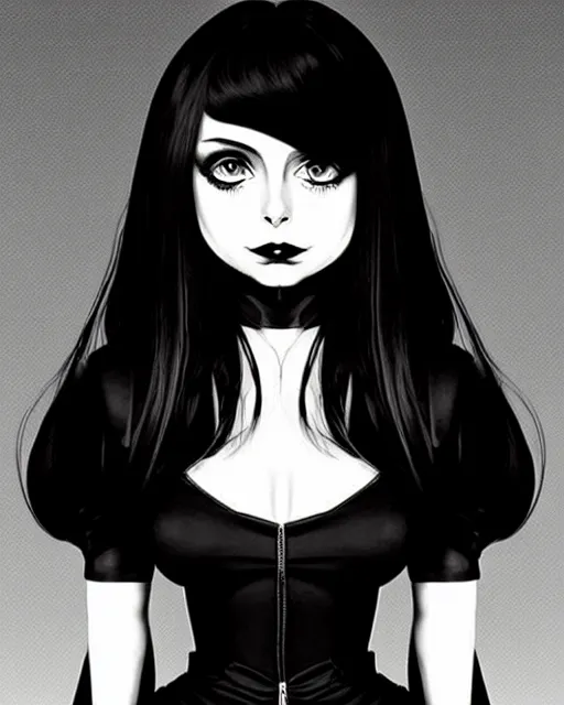 Prompt: style of ilya kuvshinov : : gorgeous willa holland : : evil witch, swirling black magic, black dress : : symmetrical face, symmetrical eyes : : full body pose : : gorgeous black hair : : magic lighting, low spacial lighting : :