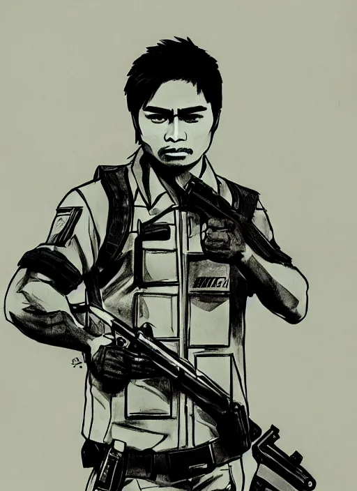 Prompt: coco martin from ang probinsyano in a poster shot, in the style of yoji shinkawa, ink on paper, gritty, dark hues