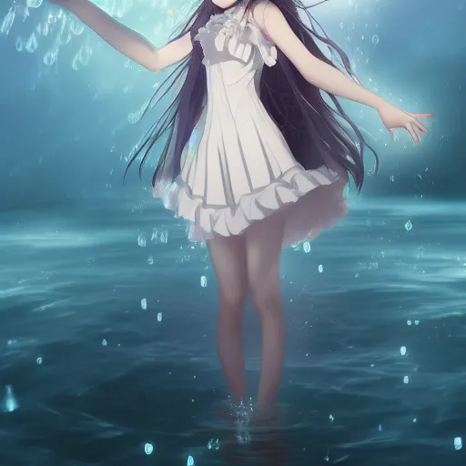 Image similar to advanced digital art, a very cute anime girl wearing a dress made of water standing in a crystal lake turning into mist , full body, very long black hair, azure blue watery eyes, full round face, cinematic lighting, MCU, mid-shot, highly detailed, trending on artstation, Unreal Engine 4k, Stanley Artgerm Lau, WLOP, Rossdraws, James Jean, Andrei Riabovitchev, Marc Simonetti, and Sakimichan