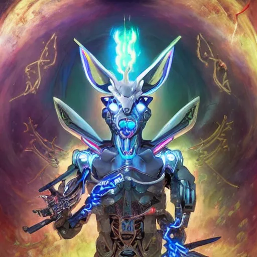 Prompt: A cyborg Sylveon as the ultimate tyrant emperor of the universe. Realistic sci-fi concept. Trending on ArtStation. A vibrant digital oil painting. A highly detailed fantasy character illustration by Wayne Reynolds and Charles Monet and Gustave Dore and Carl Critchlow and Bram Sels