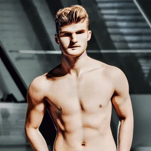 Prompt: a realistic detailed photo of a guy who is an attractive humanoid who is half robot and half humanoid, who is a male android, soccer player timo werner, shiny skin, posing like a statue, blank stare, in a living room, on display, showing off his muscles, with a twin