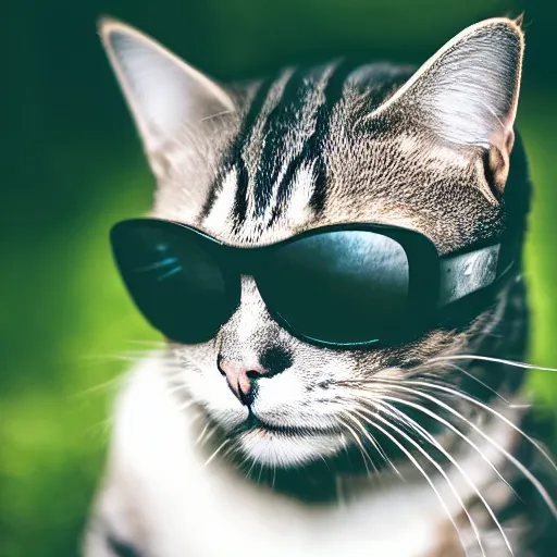 Prompt: A cat wearing sunglasses and a backwards facing cap