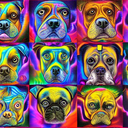 Prompt: 2015 DeepDream generation, dog faces, psychedelic, Google DeepDream