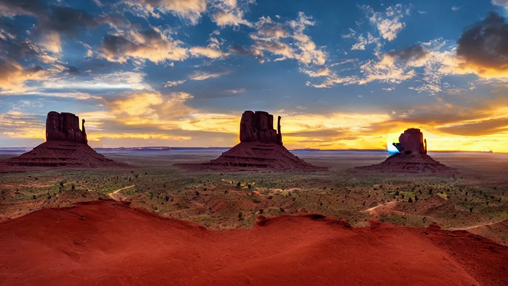 Image similar to an immense mountain dew logo painted on the side of monument valley rock formations, dramatic clouds, golden hour, sharp focus, cinematic, moody, imax