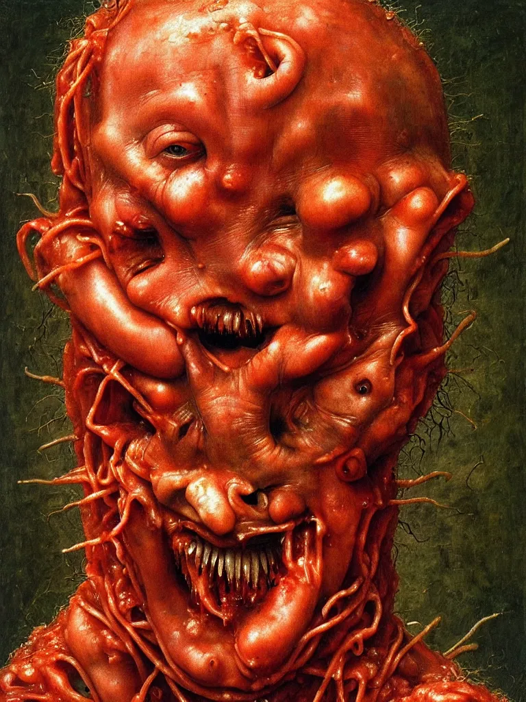 Image similar to half boy half rhino made of spaghetti and tomato sauce, looking straight into camera, screaming in pain, by giuseppe arcimboldo and ambrosius benson, renaissance, fruit, intricate and intense oil paint, a touch of beksinski and hr giger and edward munch, realistic
