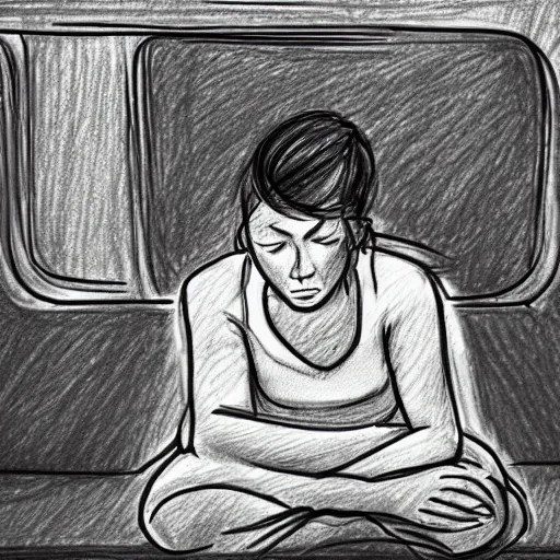 Prompt: a drawing of someone feeling anxious while sitting on the subway in new york city