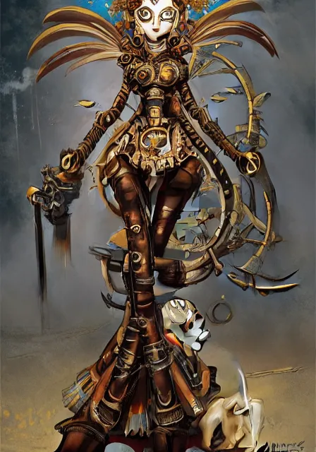 Image similar to steampunk clockwork durga mecha by marek okon designed by alexander mcqueen dress by peter mohrbacher