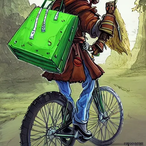 Image similar to a bicycle food delivery worker with a green bag on his back in Portugal, hearthstone art style, epic fantasy style art by kim jung gi, fantasy epic digital art