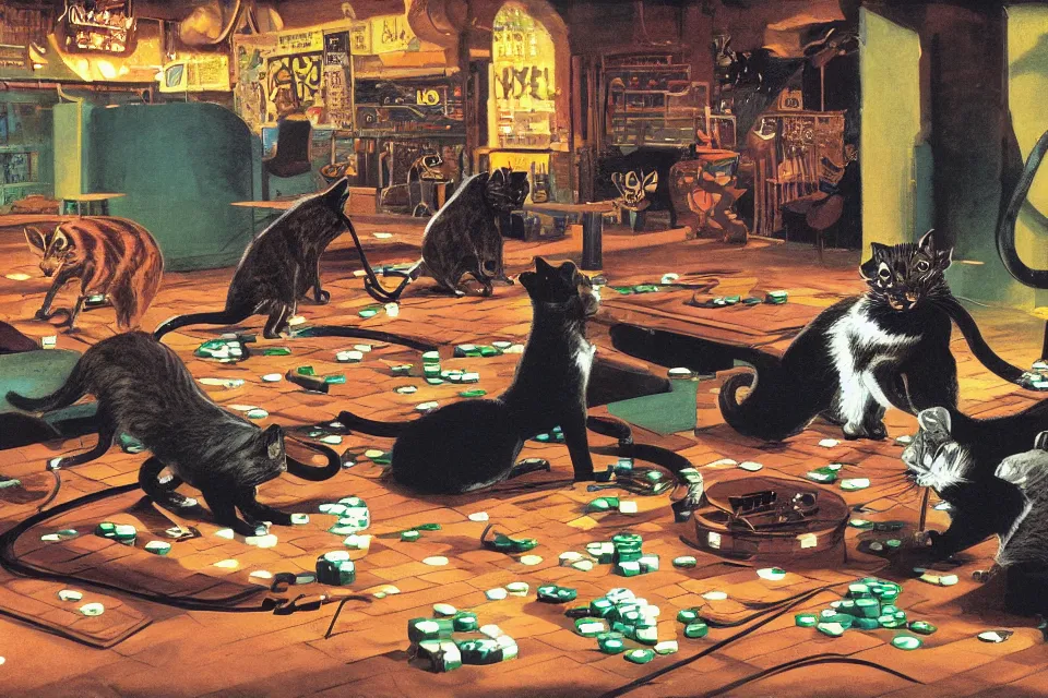 Prompt: 3 cats rolling dice with 3 rats, neon basement, by syd mead , john kricfalusi