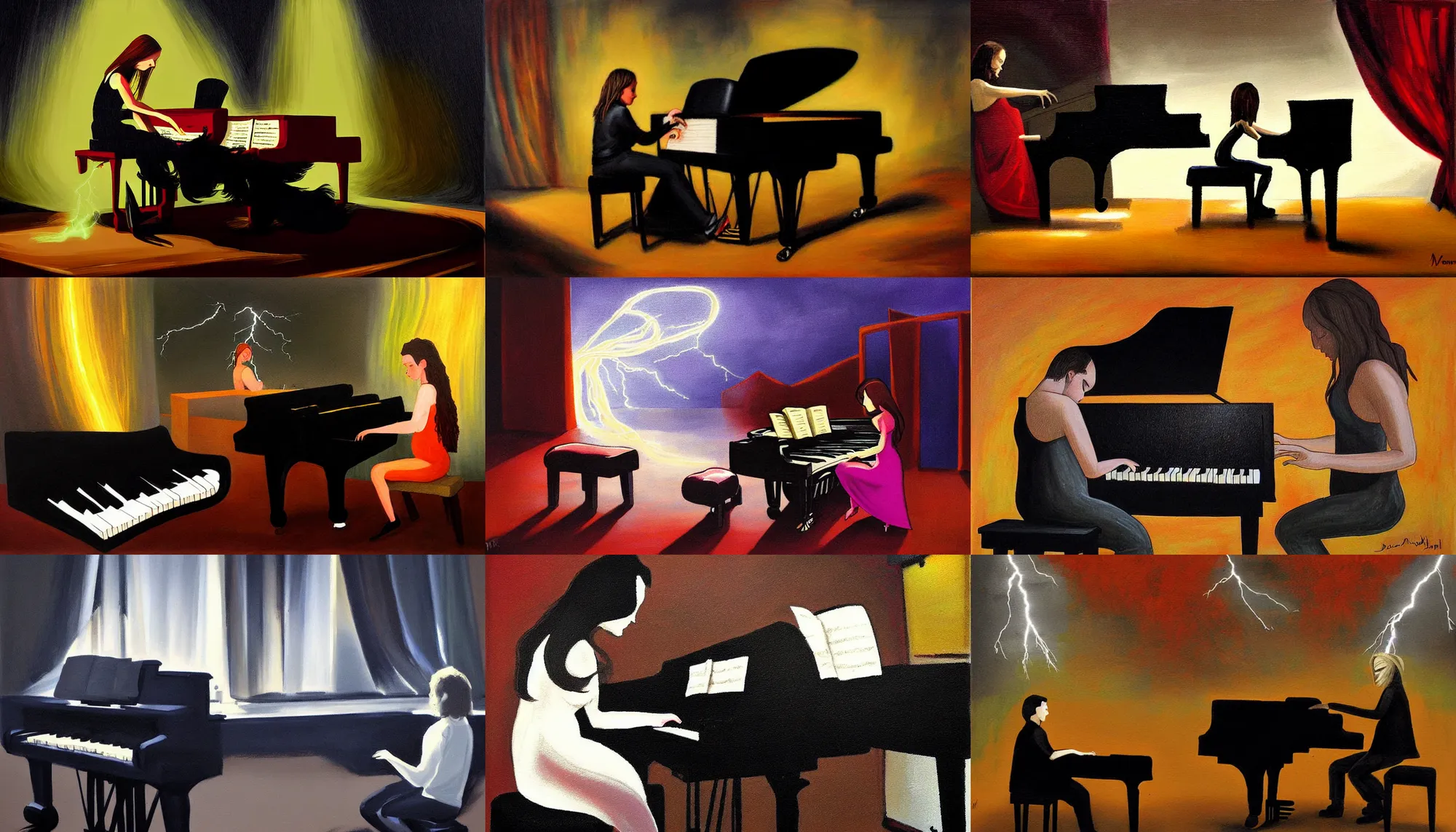 Prompt: sprocker spaneil playing piano. Artwork, lightning, dramatic, style of David McEwen.