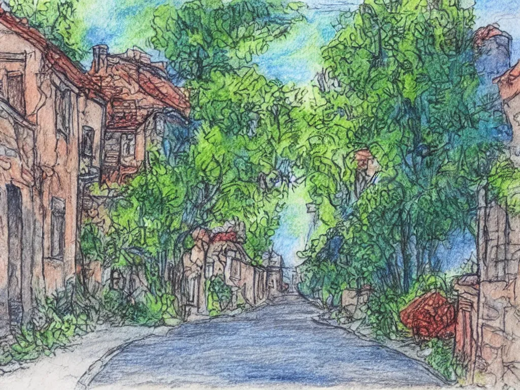 Image similar to a street in a old small village, some foliage, color pencils and watercolor, detailed