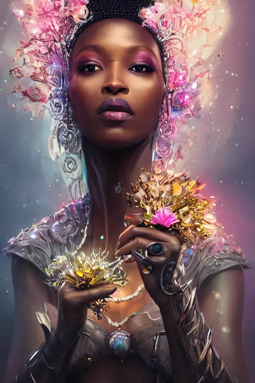 Image similar to beautiful black model wearing crystal crown full of jewels, warhammer, cyberpunk, 3 d render, hyper realistic detailed portrait, holding magic flowers, scifi, fantasy, hyper detailed, octane render, concept art, peter mohrbacher, artgerm, ruan jia, wlop