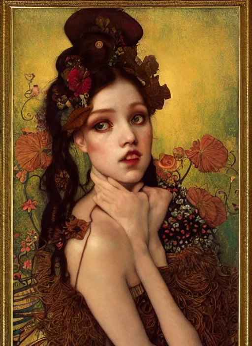 Prompt: a portrait of a female antelope with human eyes wearing aristocratic clothes, titian, sam spratt, maxfield parrish, gustav klimt, tom bagshaw, mark ryden, alphonse mucha, rembrandt, high quality, painting, oil