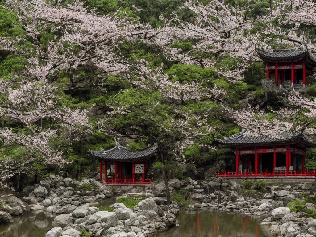 Prompt: a mysterious chinese temple in the deep forest, surrounded by many peach blossoms, a clear stream flowing through, 8 k