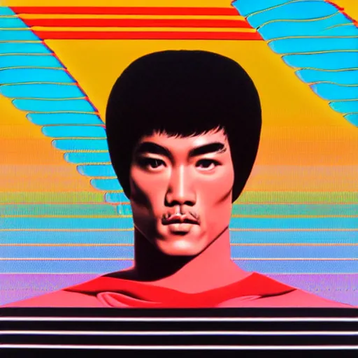 Image similar to portrait of bruce lee by shusei nagaoka, kaws, david rudnick, airbrush on canvas, pastell colours, cell shaded