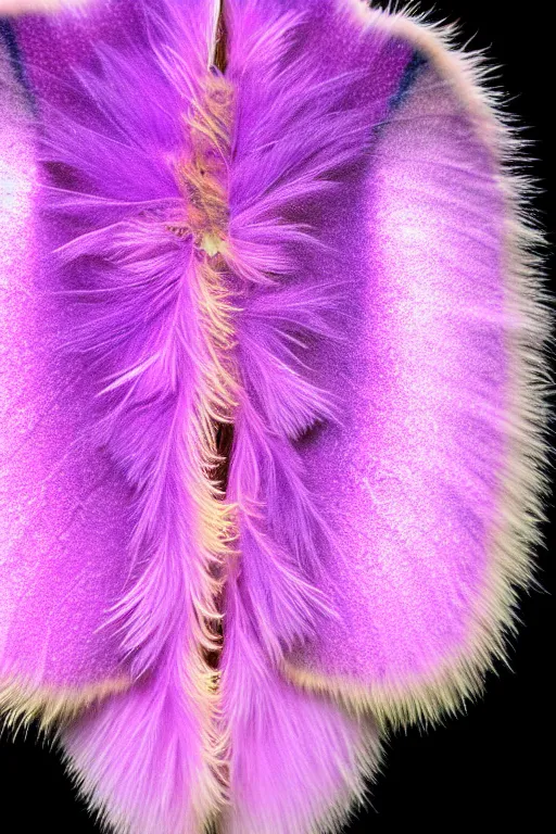 Image similar to high quality macro photo pearlescent furry moth! jeweled gorgeous! highly detailed david ligare elson peter cinematic purple neon lighting high quality low angle hd 8k sharp shallow depth of field