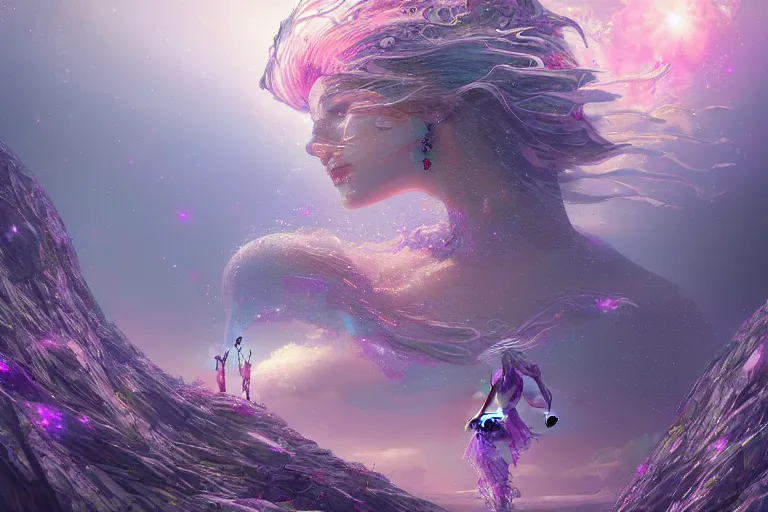 Prompt: a goddess dissolving into a new universe, in the style of wlop and chad knight, illustration, epic, fantasy, hyper detailed, smooth, unreal engine, sharp focus, ray tracing