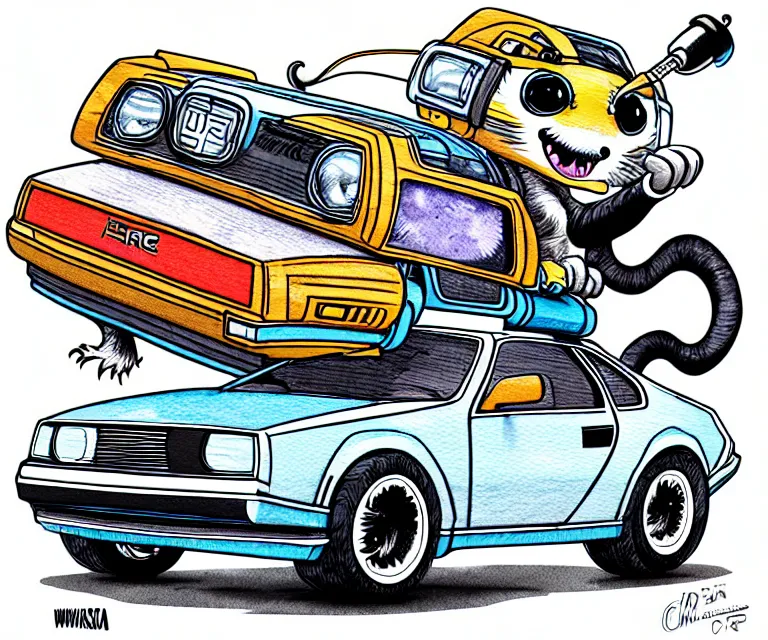 Image similar to cute and funny, racoon wearing a helmet riding in a tiny silver color hot rod dmc delorean with oversized engine, ratfink style by ed roth, centered award winning watercolor pen illustration, isometric illustration by chihiro iwasaki, edited by range murata, details by artgerm, full picture