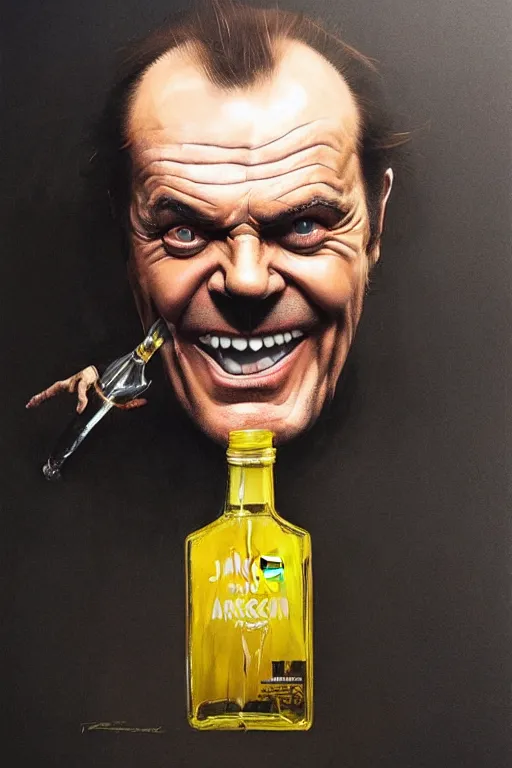 Prompt: a bottle of jack nicholson, jack nicholson inside the bottle, by artgerm and greg rutkowski