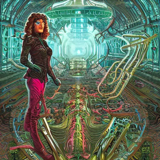 Image similar to the transhuman priestess surrounded by mechanical plants, Dan Mumford, Aaron Diaz