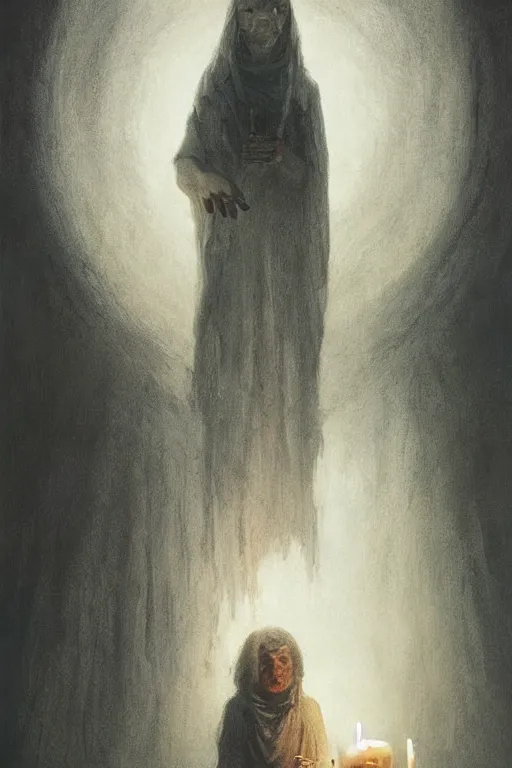 Image similar to Spirit holding a candle in the middle of the room, horror, illustrated by Greg Rutkowski and Caspar David Friedrich., Trending on artstation, artstationHD, artstationHQ, 4k, 8k