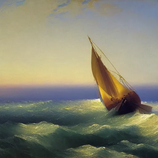 Prompt: detailed painting of a man fishing on a small boat in the ocean by Ivan Aivazovsky, 4k details