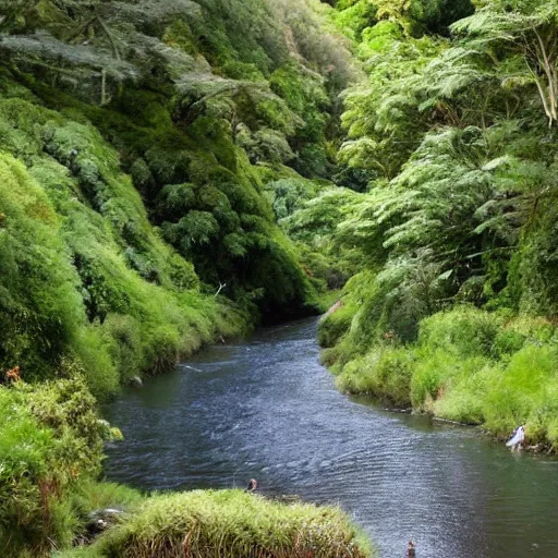 Image similar to From the pa we pulled up the Waiwhetu River, which there had lofty Rimu trees on its banks. The various bends were very beautiful and secluded, and seemed to be the home of the grey duck and teal, and numerous other wild fowl. Here and there, on the bank, was a patch of cultivation, and the luxuriant growth of potatoes, taros, and. Kumara, indicated the richness of the soil. As seen from the ship, or the hills, a lofty pine wood appeared to occupy the whole breadth and length of the Hutt Valley, broken only by the stream and its stony margin. This wood commenced about a mile from the sea, the intervening space being a sandy flat and a flax marsh. About the Lower Hutt and the Taita, it required a good axe-man to clear in a day a space large enough to pitch a tent upon. New Zealand. Drone photo. Sunset, misty, wilderness.