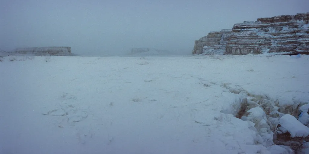 Image similar to photo of green river, wyoming cliffs covered in ice and snow, during a snowstorm. a old man in a trench coat and a cane appears as a hazy silhouette in the distance, looking back over his shoulder. cold color temperature. blue hour morning light, snow storm. hazy atmosphere. humidity haze. kodak ektachrome, greenish expired film, award winning, low contrast.