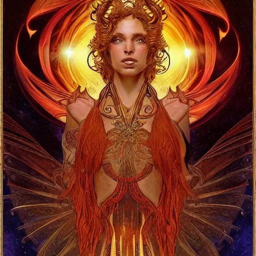 Prompt: portrait of Phoenix made with burning feather by Jeff Easley and Peter Elson + beautiful eyes, beautiful face + symmetry face + border and embellishments inspiried by alphonse mucha, fractals in the background, galaxy + baroque, gothic, surreal + highly detailed, intricate complexity, epic composition, magical atmosphere + masterpiece, award winning + trending on artstation