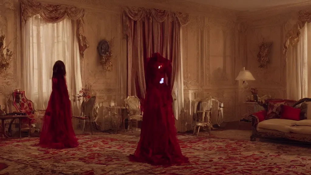 Image similar to a woman made of rubies stands in the living room, film still from the movie directed by Denis Villeneuve with art direction by Salvador Dalí, wide lens, 4K, realistic