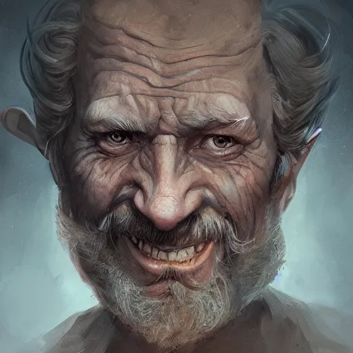 Image similar to a detailed matte head - on portrait painting of a sweet ugly old hobbit man, with a large scar and missing teeth portrait by charlie bowater, lise deharme, wlop, tending on arstation, dungeons and dragon, dnd, pathfinder, fanart, oil on canvas