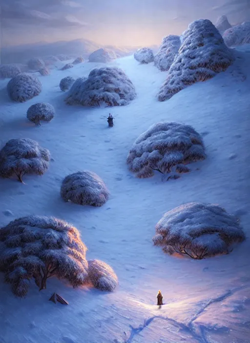 Image similar to winter evenings in the low - poly hills, diffuse lighting, intricate, surrealism!!!!!!!, highly detailed, lifelike, photorealistic, digital painting, artstation, illustration, surreal concept art, smooth, sharp focus, by greg rutkowski, chris tulloch mccabe, valentina remenar and asher duran,