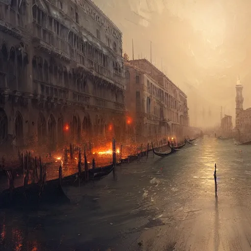 Prompt: venice in a post apocalyptic earth as seen by greg rutkowski, dark theme, enchanted, warm colors, high quality, waw, trending on artstation