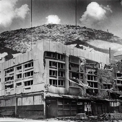 Prompt: Scars left by the 1942 Japanese air raids, far more severe than most Australians realise even now, remain in the town and harbor. The burnt-out shell of the Bank of [NSW] building… and [what] was once the post office are grim reminders of Darwin's ordeal