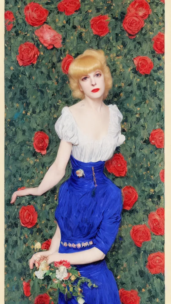 Image similar to portrait of young julee cruise in detailed golden sleeve balloon dress beside a pot of red roses, a persian blue detailed curtain in back painted by john singer sargent