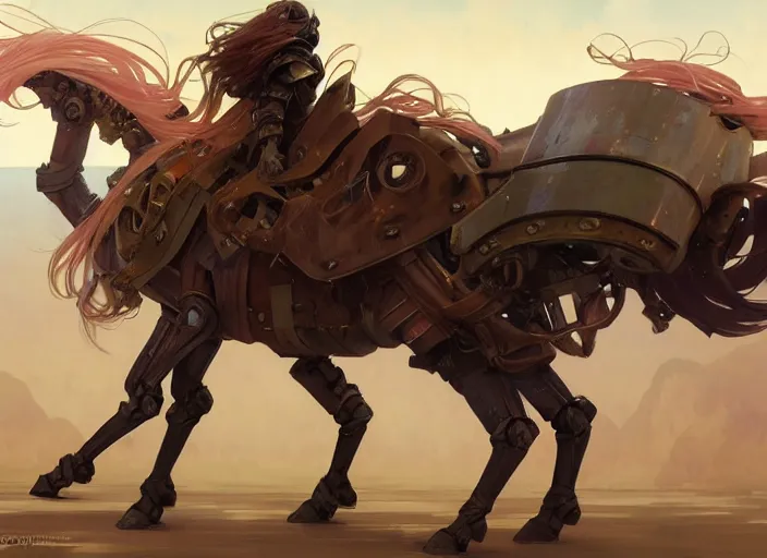 Image similar to a giant poney with a giant cannon in his back, exoskeleton, technology, chimeric, elegant, highly detailed, digital painting, artstation, concept art, smooth, sharp focus, illustration, art by krenz cushart and artem, demura and alphonse mucha