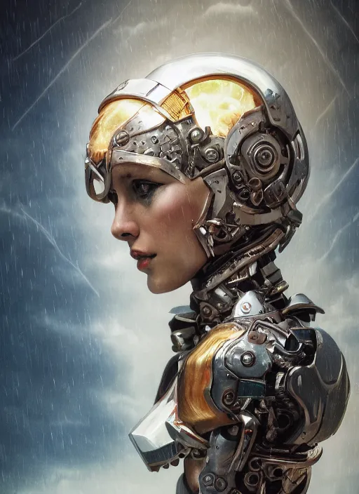 Prompt: symmetry! closeup portrait of a biblical diabolical hunter model girl, fashon cyborg armor, in clouds, cinematic studio light! thunder, rainrops! storm, sunset, by gerald brom, by mikhail vrubel, by peter elson, high contrast, muted colors, extreme detail, mirrors, trending on artstation, 8 k