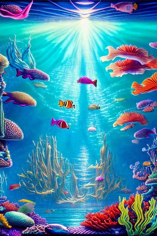 Prompt: a photorealistic detailed image of a beautiful vibrant iridescent underwater seascape of full of colorful aquatic plants and atlantis city scape, spiritual science, divinity, utopian, by david a. hardy, hana yata, kinkade, lisa frank,