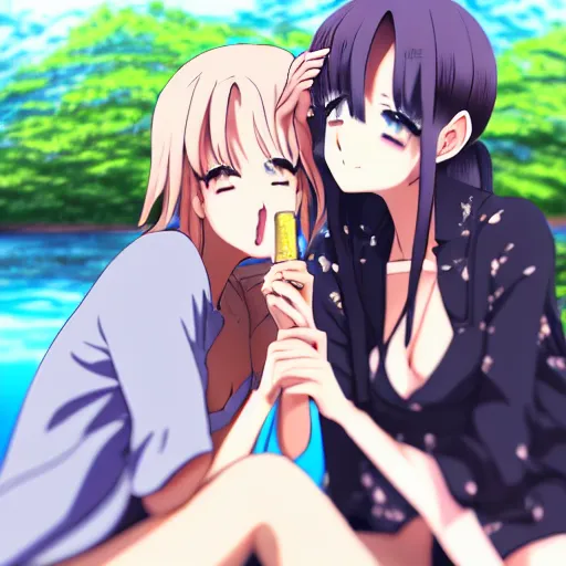 Image similar to two beautiful lesbian girls in love, smoking from a weed bong, sitting in front of a lake, in the style of anime, close - up, highly detailed face, 4 k, artstation, intricate, elegant, highly detailed, lush, stylized, japanese, smooth