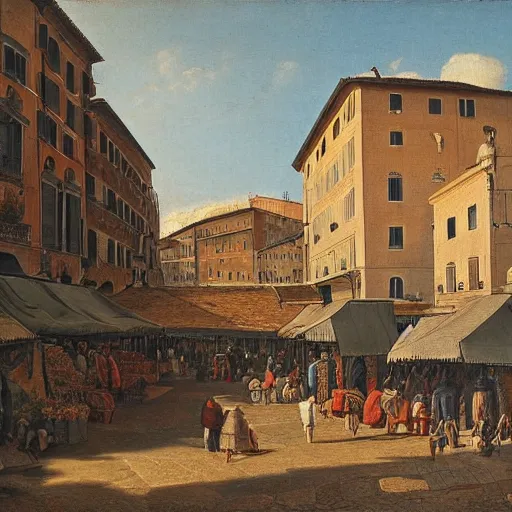 Prompt: the view of a street market, buildings in rome by martinus rørbye