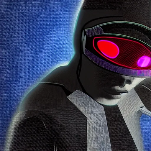 Prompt: a synthwave android with a visor, a sweatshirt, and a cool hat, digital art, cyberpunk, vivid, technological