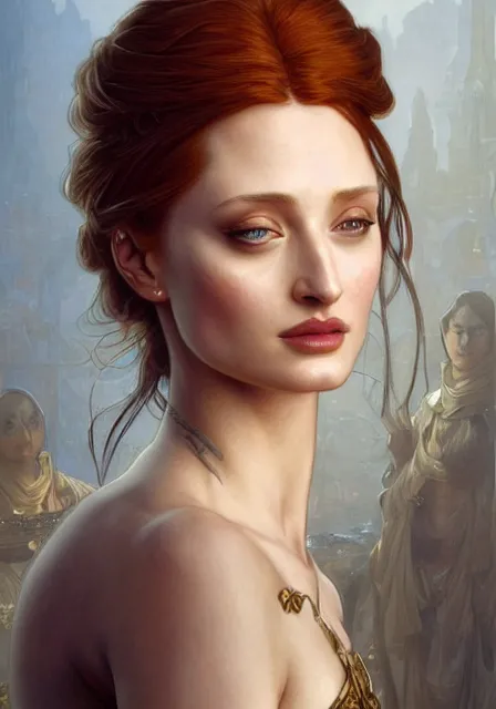 Image similar to sansa old mummy angeline jolie gessica chastain, intricate, elegant, highly detailed, digital painting, artstation, concept art, smooth, sharp focus, illustration, art by artgerm and greg rutkowski and alphonse mucha and william - adolphe bouguereau